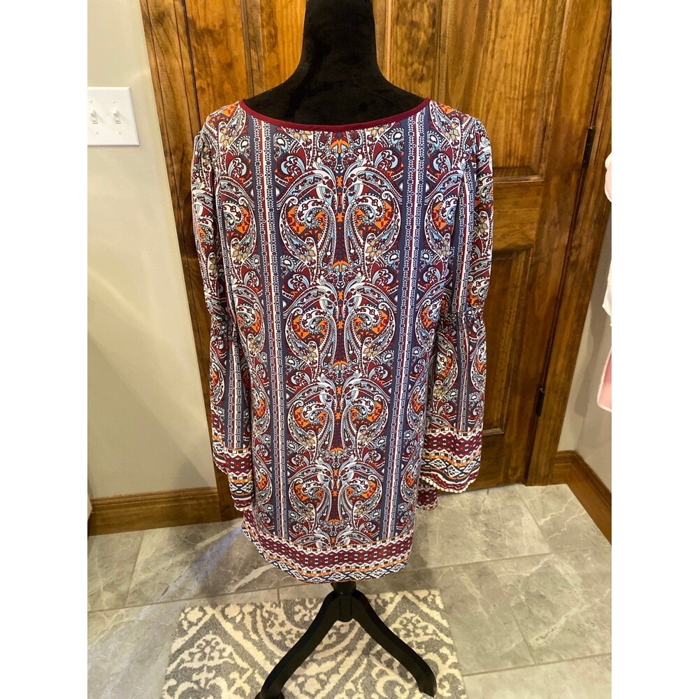 My Michelle Boho Paisley Dress Size Large Bell Sleeve Tunic Burgundy Hippie ‘70 - Picture 8 of 12